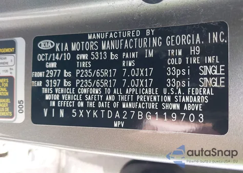 2011 Kia Sorento Lx V6 from USA, damaged, VIN 5XYKTDA27BG119703